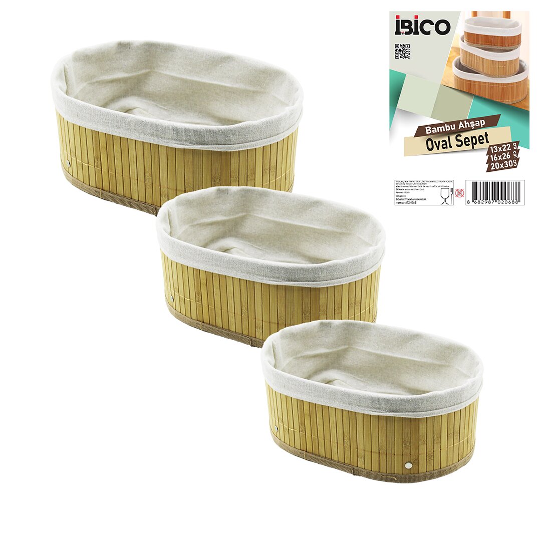 3 BOY  OVAL  BAMBU KENAR ORGANİZER SEPET AHŞAP ALTLIK - BEZLİ  13X22-16X26-20X30CM (5347)