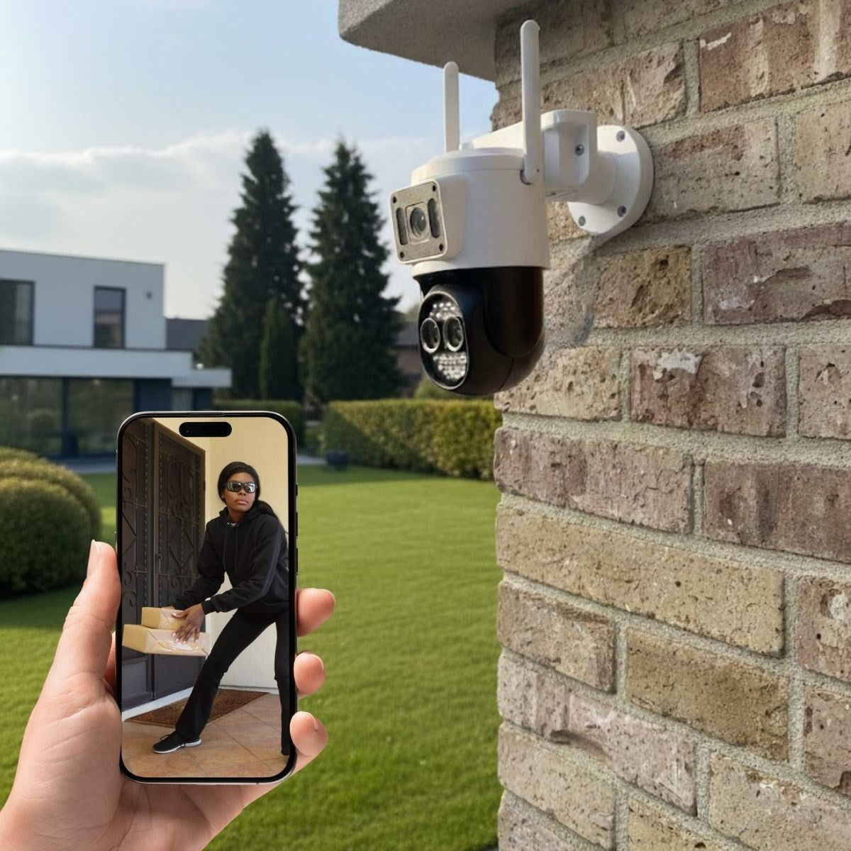 3 Kameralı Kablolu Akıllı Güvenlik Kamerası - 360° PTZ Hareketli, Çift Antenli, WiFi IP, Gece Görüşlü Dış Mekan Kamera (5347)