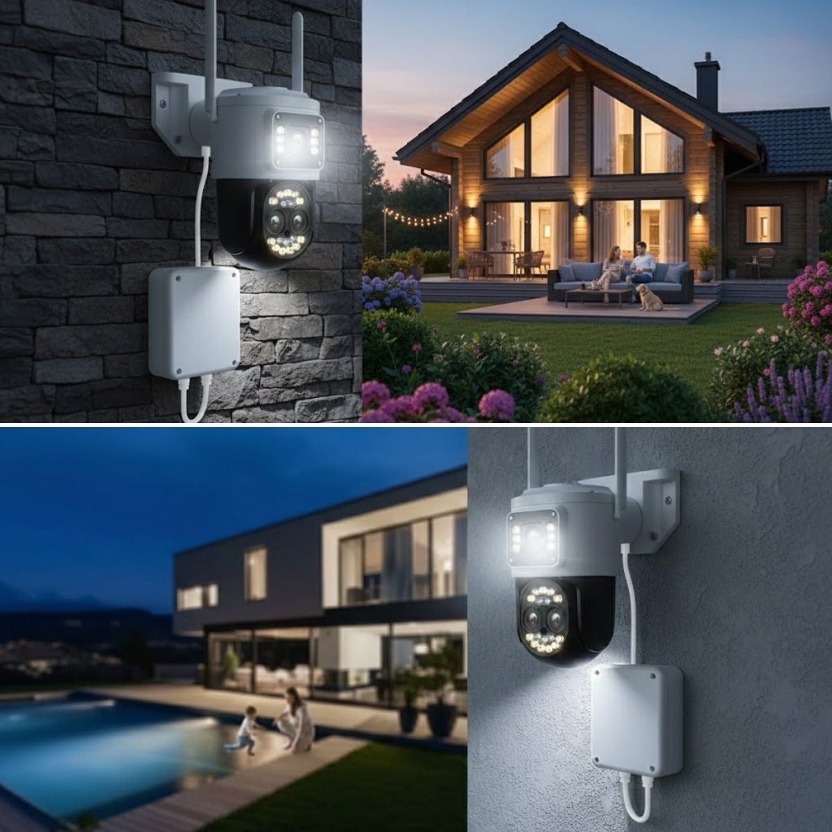 3 Kameralı Kablolu Akıllı Güvenlik Kamerası - 360° PTZ Hareketli, Çift Antenli, WiFi IP, Gece Görüşlü Dış Mekan Kamera (5347)