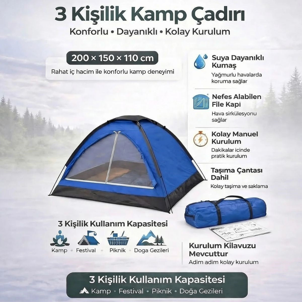 3 Kişilik Manuel Kamp Çadırı - Düz Kapılı Outdoor Aile, Doğa, Piknik ve Kamp Çadırı 200x150x110 cm (5347)