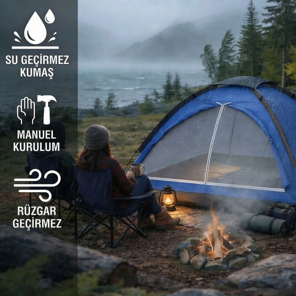3 Kişilik Manuel Kamp Çadırı - Düz Kapılı Outdoor Aile, Doğa, Piknik ve Kamp Çadırı 200x150x110 cm (5347)