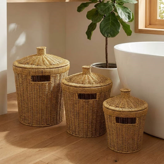 3 lü İç İçe Geçebilen Büyük Plastik Rattan Hasır Sepet Seti-Dayanıklı Çok Amaçlı Ev,Banyo ve Mutfak Düzenleyici (5347)
