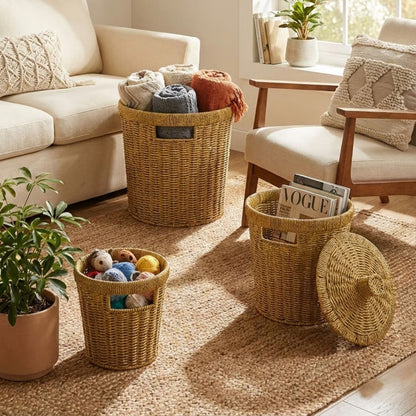 3 lü İç İçe Geçebilen Büyük Plastik Rattan Hasır Sepet Seti-Dayanıklı Çok Amaçlı Ev,Banyo ve Mutfak Düzenleyici (5347)