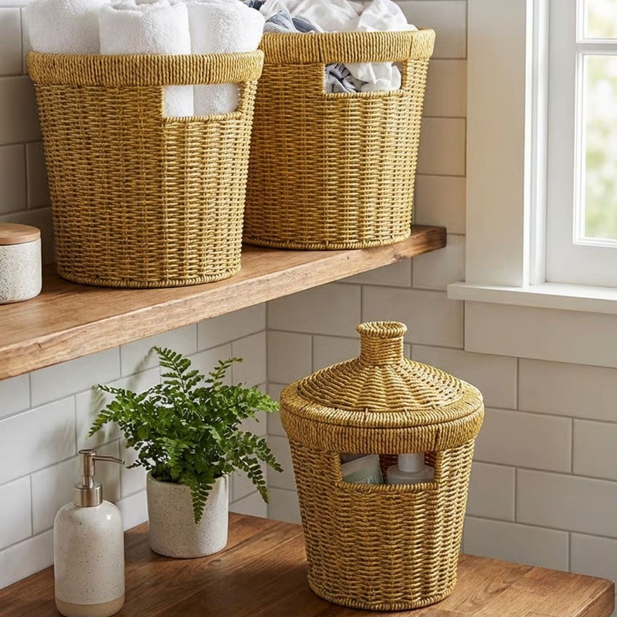 3 lü İç İçe Geçebilen Büyük Plastik Rattan Hasır Sepet Seti-Dayanıklı Çok Amaçlı Ev,Banyo ve Mutfak Düzenleyici (5347)