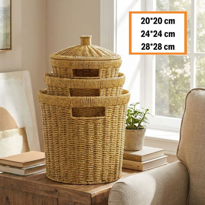 3 lü İç İçe Geçebilen Büyük Plastik Rattan Hasır Sepet Seti-Dayanıklı Çok Amaçlı Ev,Banyo ve Mutfak Düzenleyici (5347)