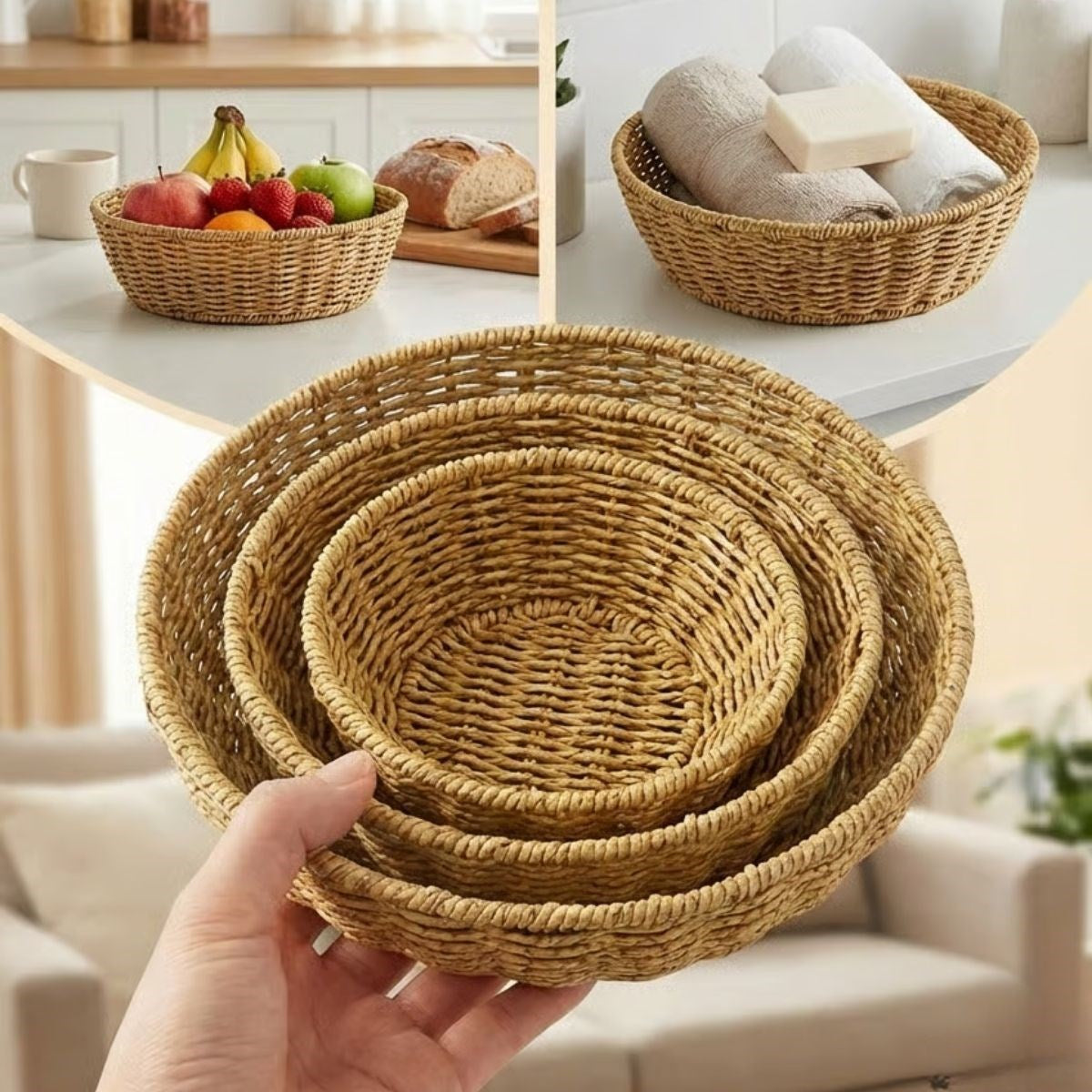 3 lü Plastik Rattan Çanak Seti - Hasır Görünümlü İç İçe Geçebilen Sunum ve Düzenleme Kaseleri, Mutfak & Masaüstü Çok Amaçlı Organizer (5347)
