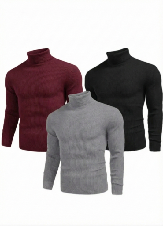 3'lü Siyah, Bordo, Gri Unisex Kaşkorse Boğazlı Full Likralı Fitilli Body Kazak