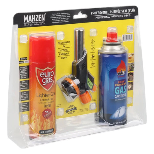 3 Parça Profesyonel Pürmüz Seti Pürmüz Torch Çakmak Başlık- Kamp Gazı 400ml- Çakmak Gazı 270 (5347)