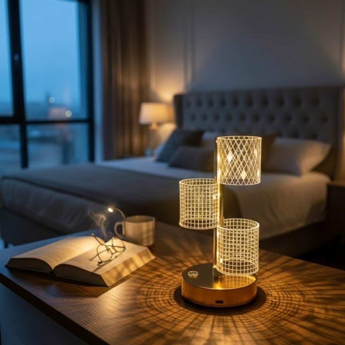 3 Parça Silindirik Kristal Ekose Kareli LED Masa Lambası - Gold Gövdeli, Dokunmatik, 3 Kademe Işık Ayarlı Şarjlı Dekoratif Lamba (5347)