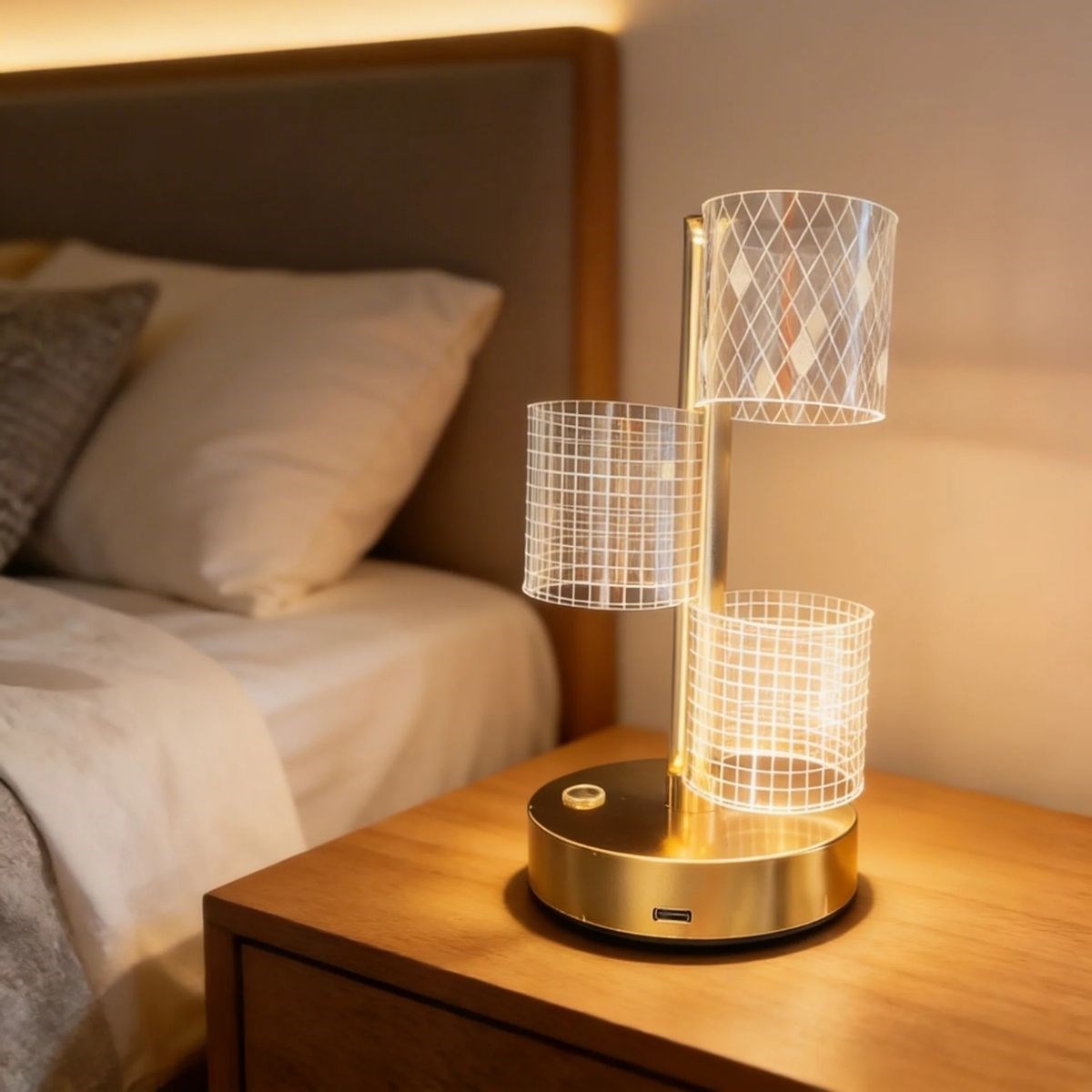 3 Parça Silindirik Kristal Ekose Kareli LED Masa Lambası - Gold Gövdeli, Dokunmatik, 3 Kademe Işık Ayarlı Şarjlı Dekoratif Lamba (5347)