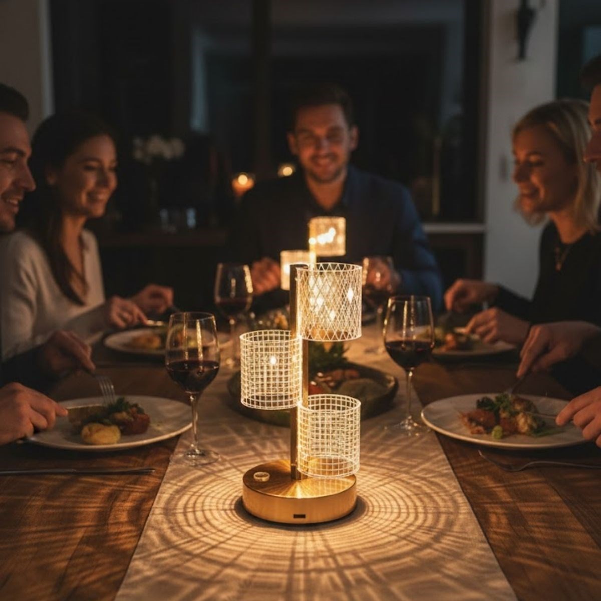 3 Parça Silindirik Kristal Ekose Kareli LED Masa Lambası - Gold Gövdeli, Dokunmatik, 3 Kademe Işık Ayarlı Şarjlı Dekoratif Lamba (5347)
