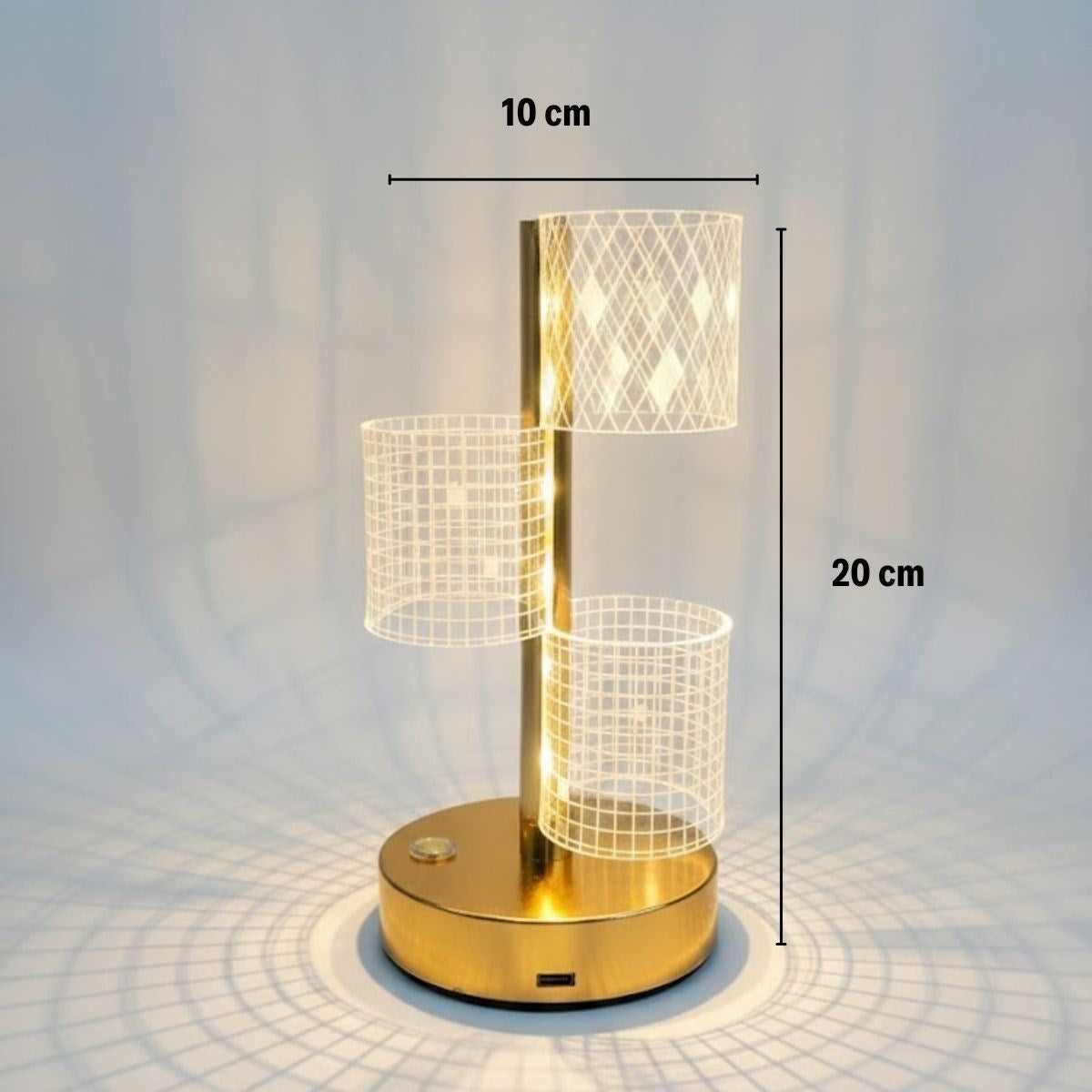 3 Parça Silindirik Kristal Ekose Kareli LED Masa Lambası - Gold Gövdeli, Dokunmatik, 3 Kademe Işık Ayarlı Şarjlı Dekoratif Lamba (5347)