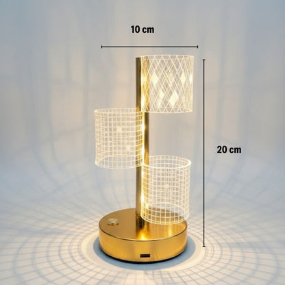 3 Parça Silindirik Kristal Ekose Kareli LED Masa Lambası - Gold Gövdeli, Dokunmatik, 3 Kademe Işık Ayarlı Şarjlı Dekoratif Lamba (5347)