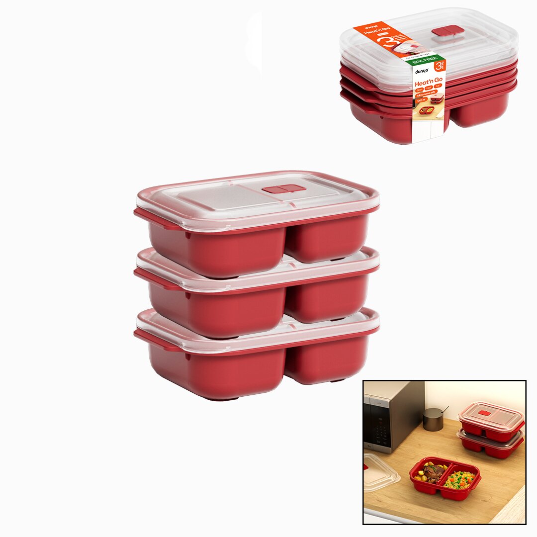 3 PCS KIRMIZI BÖLME DİKDÖRTGEN SAKLAMA KABI SETİ 1200ML (5347)