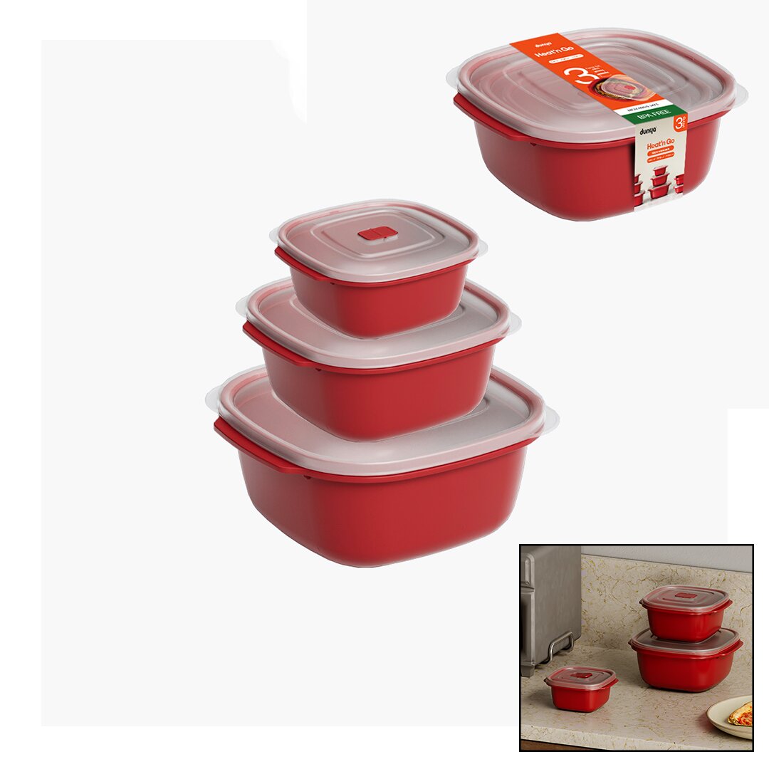 3 PCS KIRMIZI KARE SAKLAMA KABI SET 550-1100-2200ML (5347)