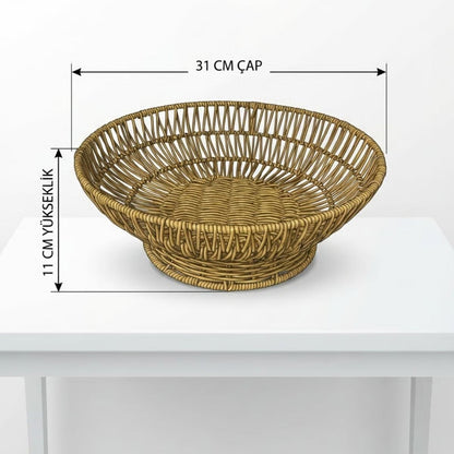 31 cm Plastik Rattan Servis Çanağı - Doğal Hasır Görünümlü Dekoratif Meyve, Ekmek ve Sunum Kasesi (5347)