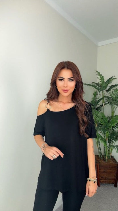 Kadın Kısa Kollu Tek Omuzdan Askılı Toka Detaylı Viskon Bluz