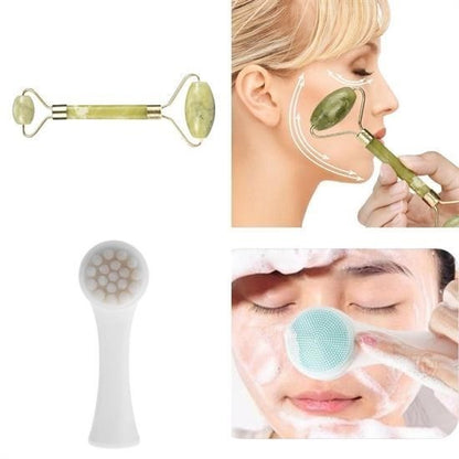 مجموعة Starixa® المزدوجة: فرشاة تنظيف بشرة مزدوجة الوجه وجهاز تدليك بشرة مزدوج الوجه بحجر اليشم