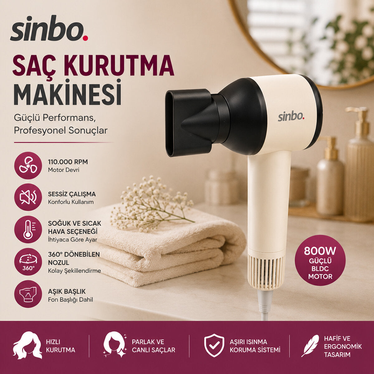Sinbo Saç Kurutma Makinesi - Pembe Renk - 3 Kademeli Hız ve Sıcaklık