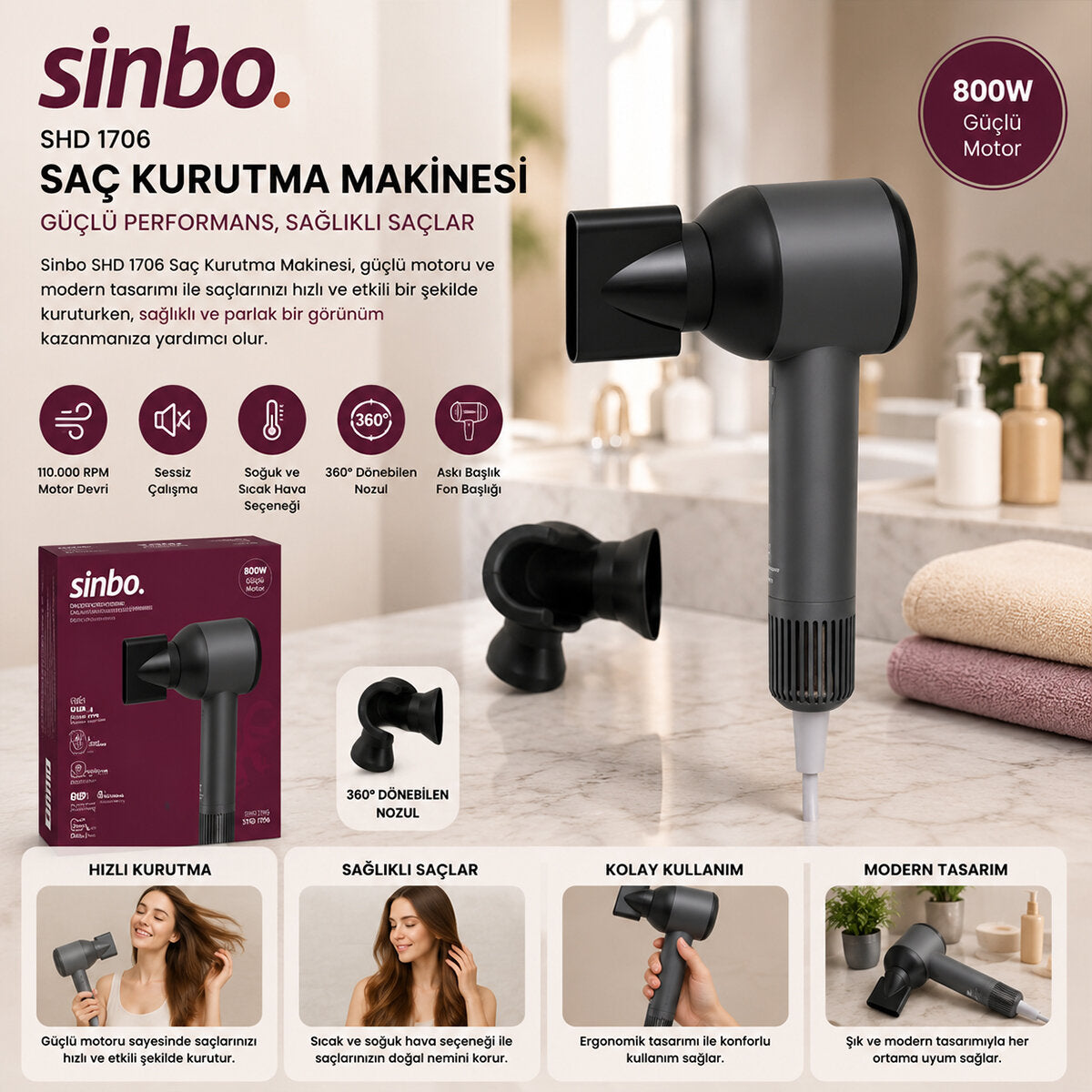 Sinbo Saç Kurutma Makinesi - Gri Renk - Sessiz Çalışma Özelliği