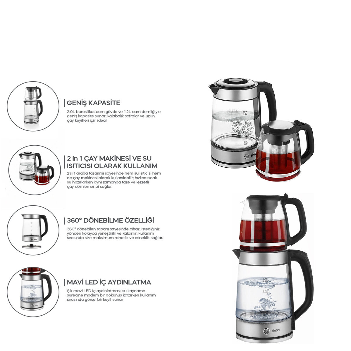 Sinbo 2'si 1 Arada Çaycı - Kettle - 2.0L + 1.2L Kapasite - Cam Gövde