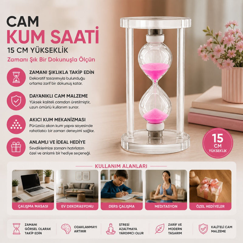 Büyük Boy Cam Standlı Kum Saati - 15 cm Yükseklik - Dekoratif Şık Tasarım