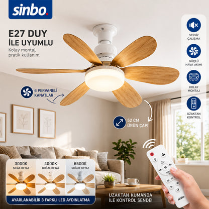 Tavan Vantilatörü ve LED Avize - Uzaktan Kumandalı - 6 Kanatlı - 52 cm