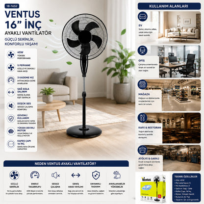 Ev Tipi Ayaklı Vantilatör - 16 İnç 5 Pervaneli - 45W Performans