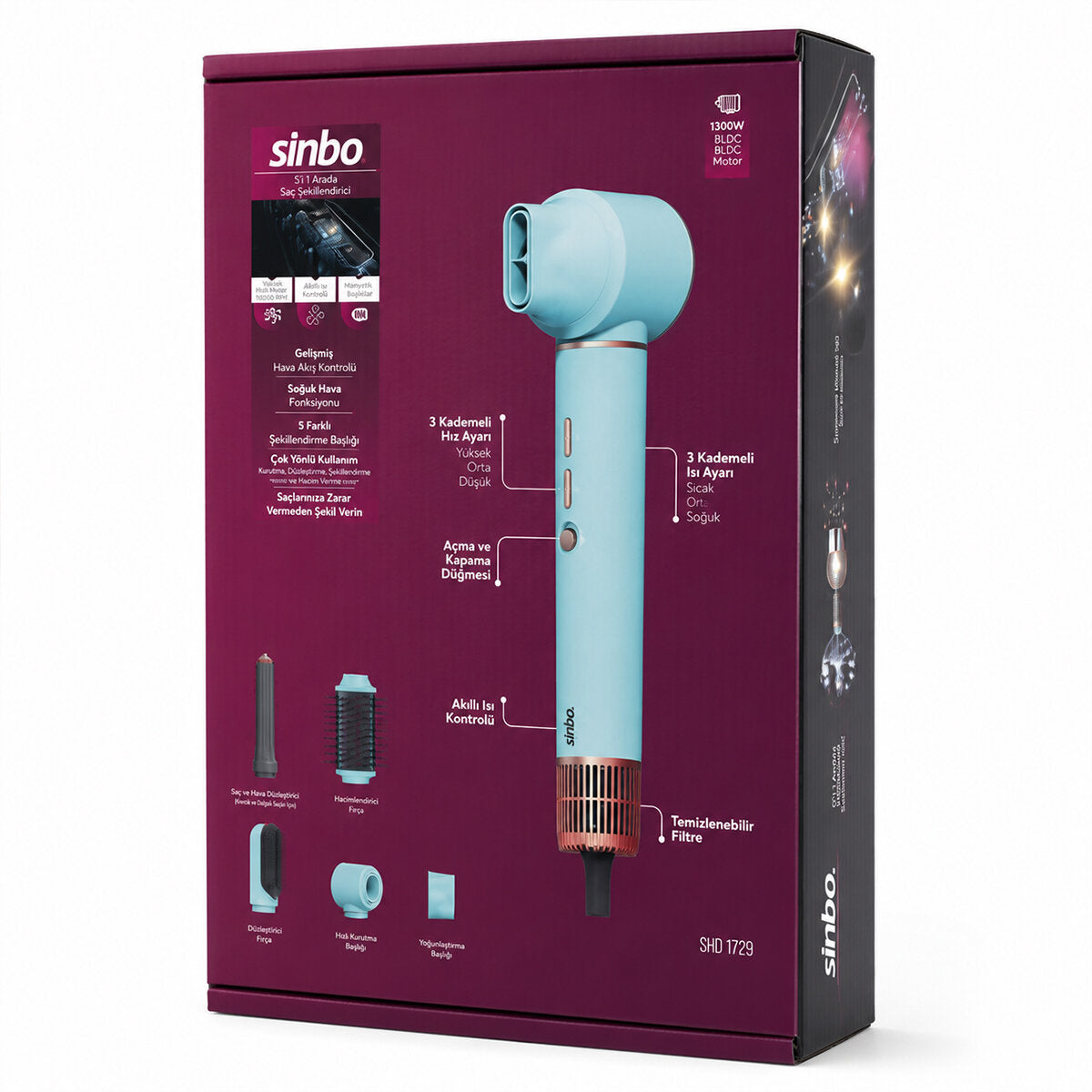 Sinbo Air Brush Saç Şekillendirme Cihazı - 5 Başlıklı - Mavi Renk
