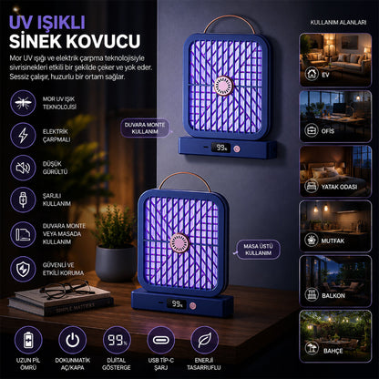 UV Işıklı Sinek Kovucu - Şarjlı ve Elektrik Çarpmalı - Dijital Ekranlı