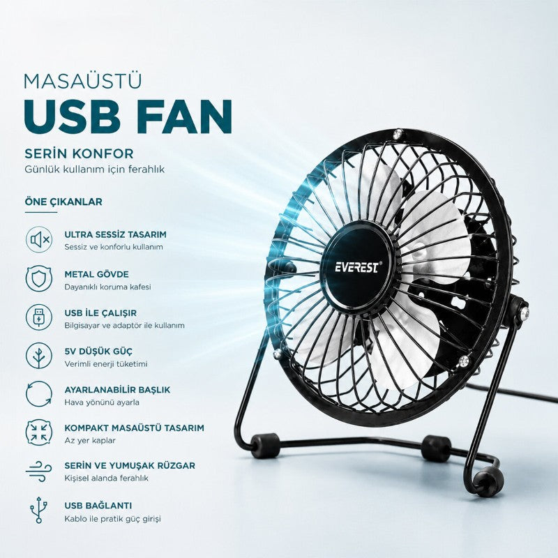 Masaüstü Mini USB Fan - Metal Gövdeli - Ultra Sessiz