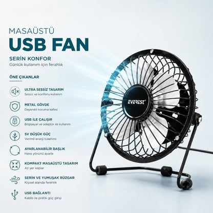 Masaüstü Mini USB Fan - Metal Gövdeli - Ultra Sessiz