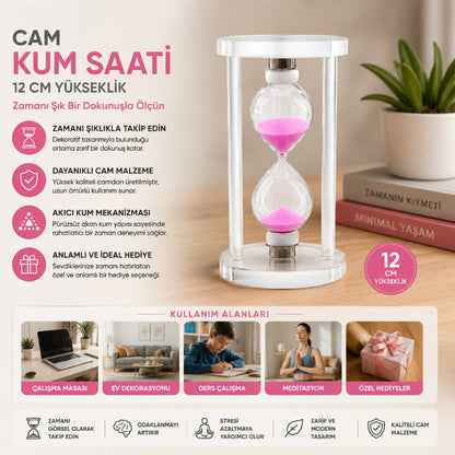 Orta Boy Cam Standlı Kum Saati - 12 cm Yükseklik - Dekoratif Süs Eşyası