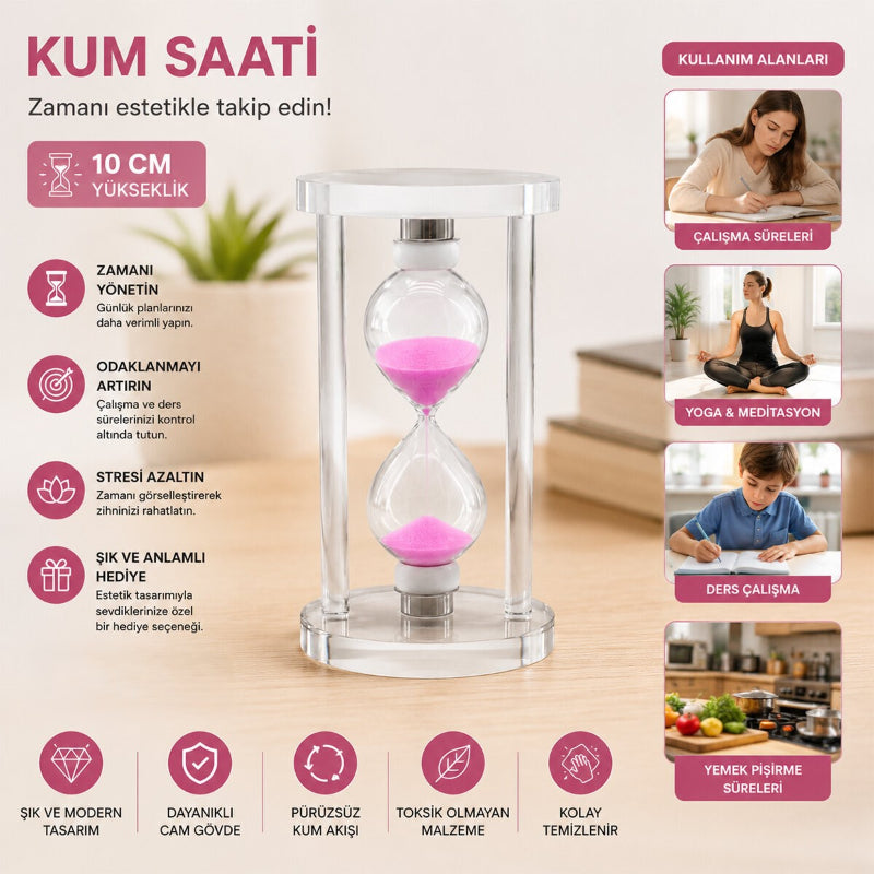 Küçük Boy Cam Standlı Kum Saati - 10 cm Yükseklik - Dekoratif Süs Eşyası