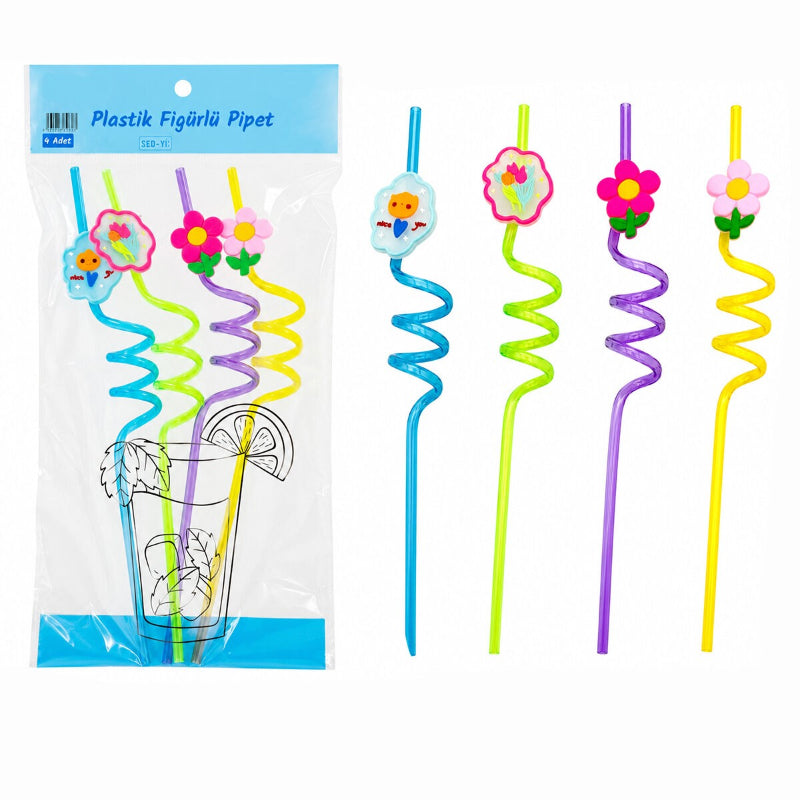 Kıvrımlı Renkli Plastik Pipet - Figürlü Tasarım - 4'lü Paket