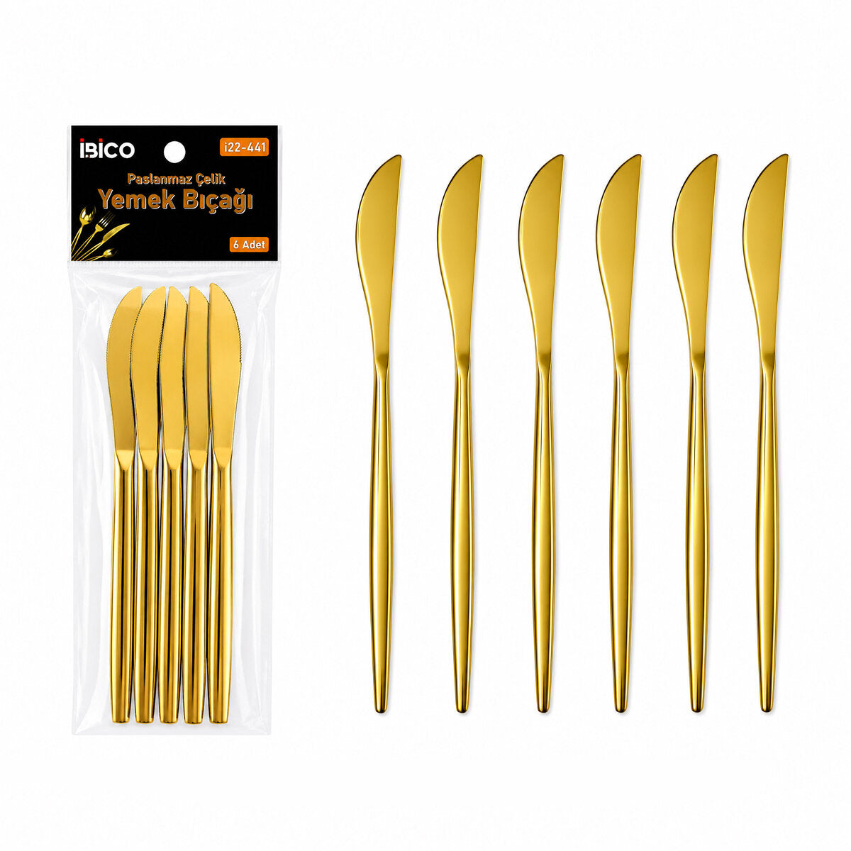 6 Parça Yemek Bıçağı Seti - Parlak Altın Renk - 21 cm