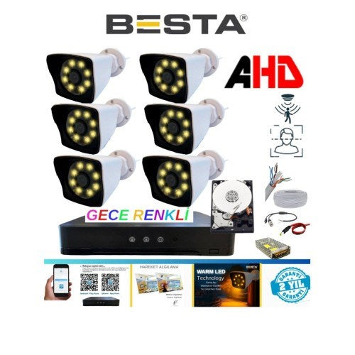 6 Kameralı 5mp Lens 1080P Warm LED Gece Renkli 1 Tb HDD Dahil Güvenlik Seti