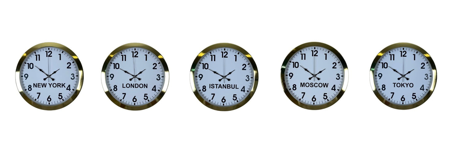 Lüks Premium Gold 5 li Metal 36 cm Dünya Duvar Saatleri