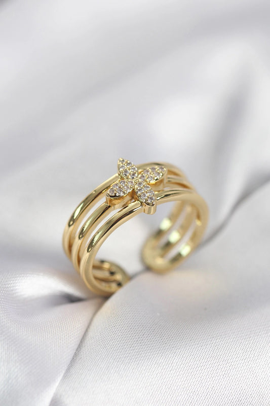 Mey İthalat® Gold Renk Zirkon Taşlı Yonca Model Kadın Yüzük