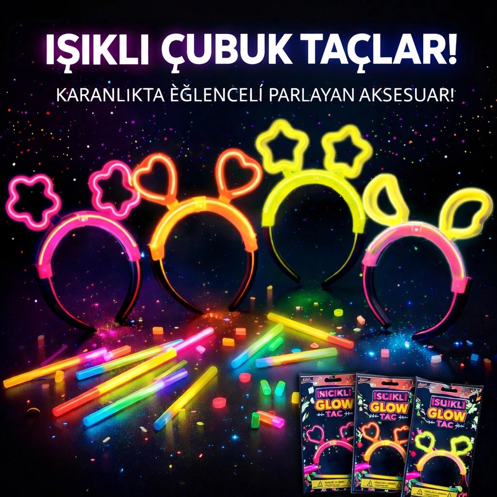 Mey İthalat® Karanlıkta Parlayan Glow Taç Seti 12 Adet - Yıldız Kalp Ay Çiçek (Her Model 3 Adet)