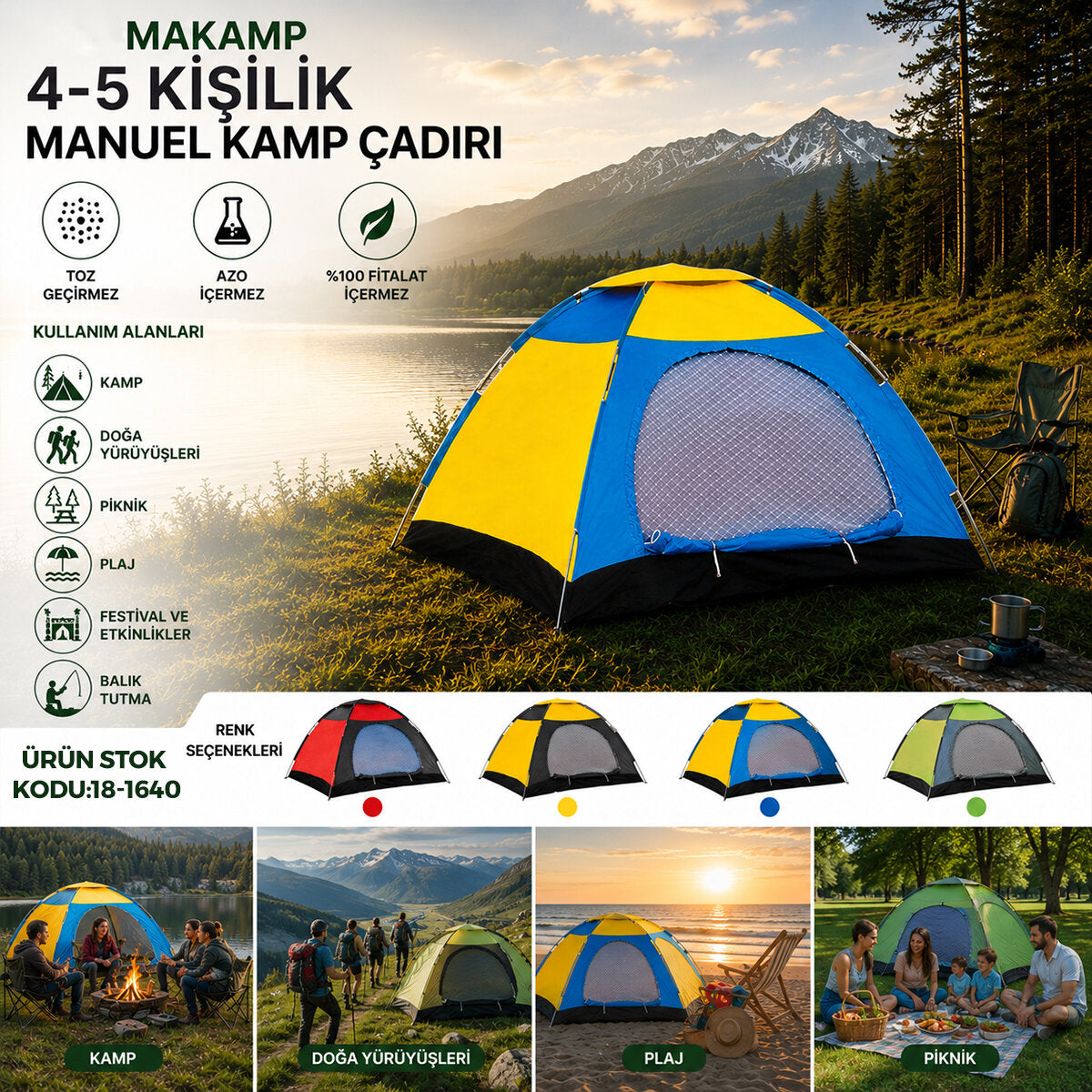 4-5 KİŞİLİK TOZ GEÇİRMEZ 200CMX200CMX135CM MANUEL KAMP ÇADIR HERHANGİ BİR RENK GÖNDERİLİR (5347)