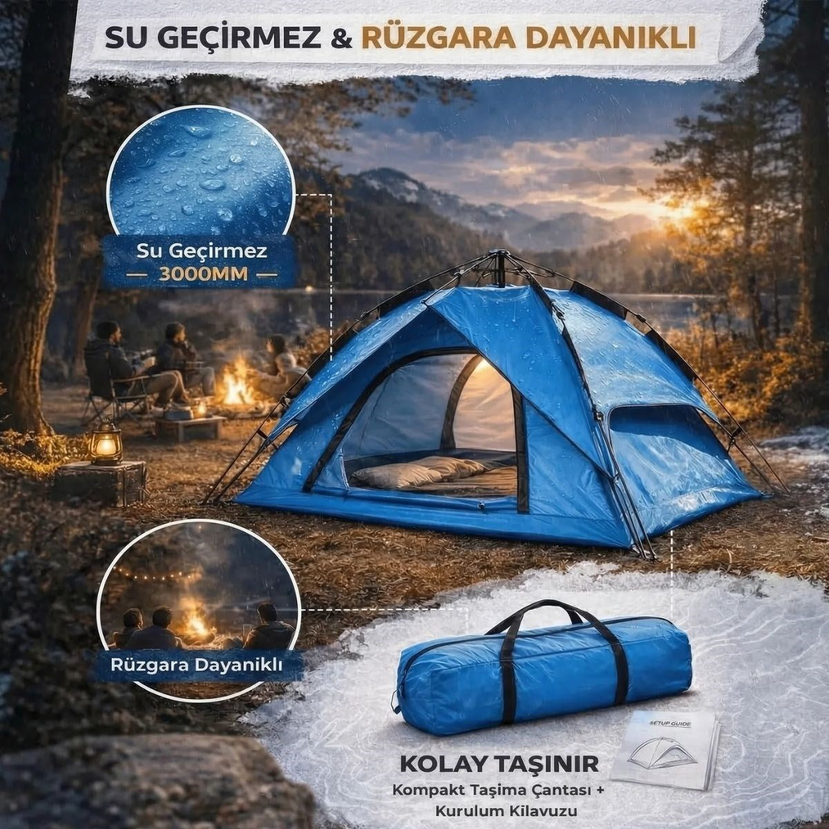 4 Kişilik Otomatik Kamp Çadırı - Çift Katmanlı, Suya Dayanıklı, Hızlı Kurulum Outdoor Aile ve Doğa Çadırı 200x200x140 cm (5347)