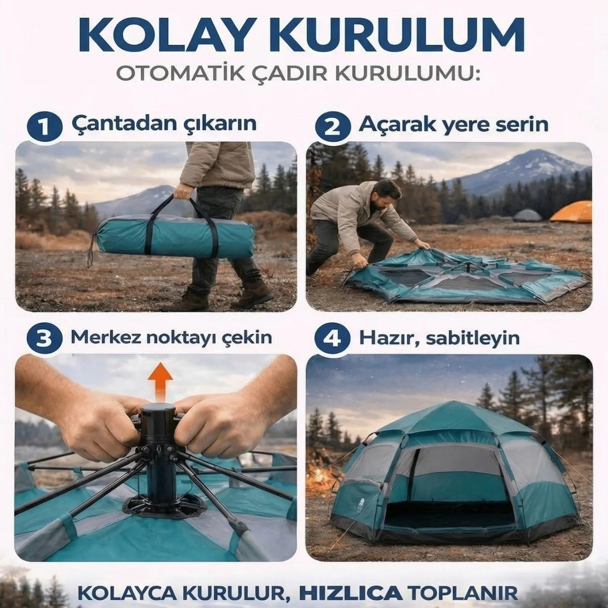 4 Kişilik Otomatik Kamp Çadırı - Altıgen Tasarım, Çift Kapılı, Suya Dayanıklı, Hızlı Kurulumlu Geniş Aile Outdoor Çadırı 240x240x160 cm (5347)