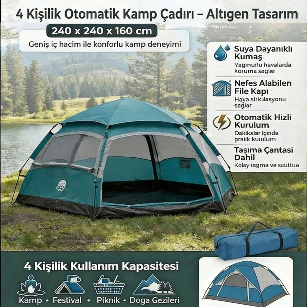 4 Kişilik Otomatik Kamp Çadırı - Altıgen Tasarım, Çift Kapılı, Suya Dayanıklı, Hızlı Kurulumlu Geniş Aile Outdoor Çadırı 240x240x160 cm (5347)