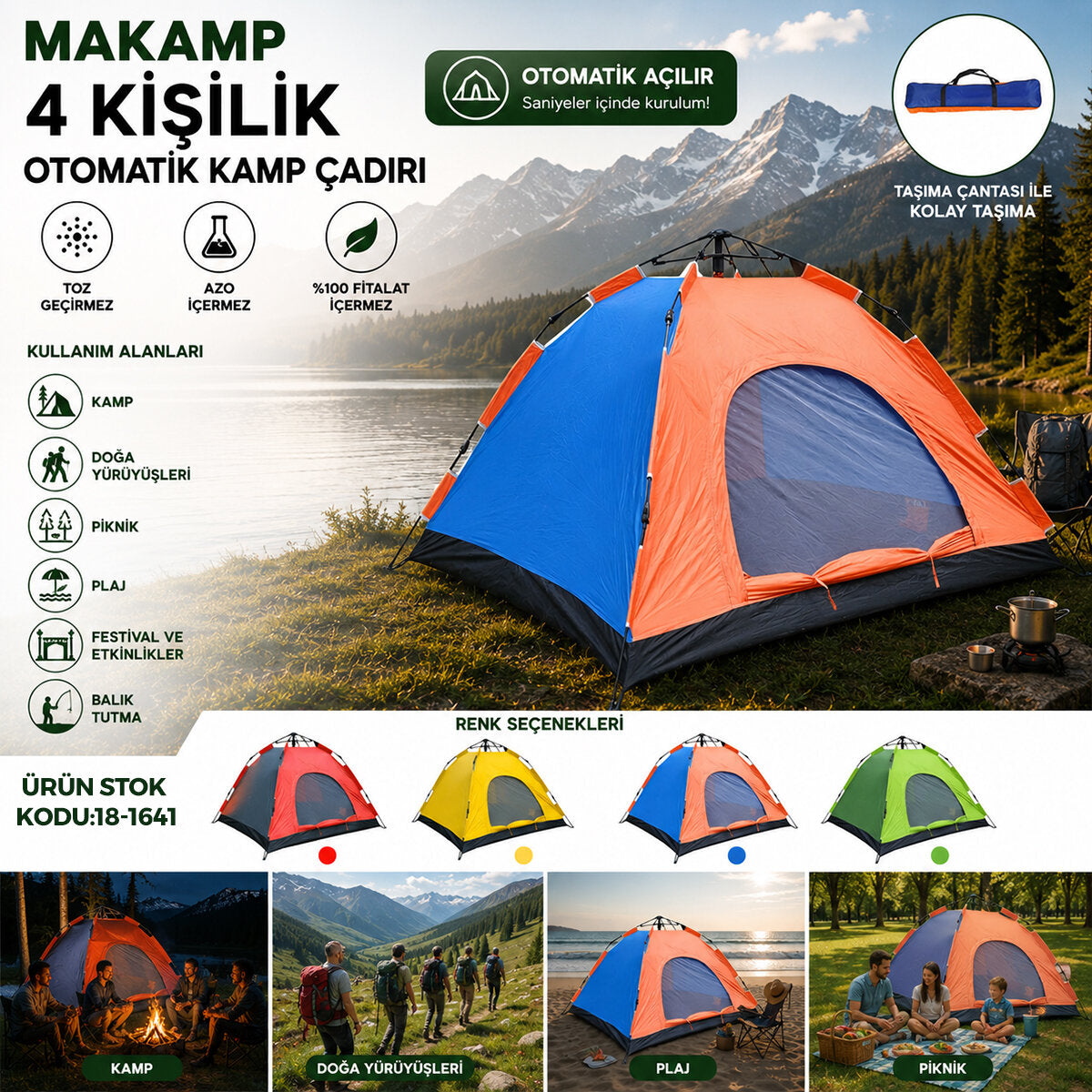 4 KİŞİLİK TOZ GEÇİRMEZ 200CMX200CMX135CM OTOMATİK KAMP ÇADIR HERHANGİ BİR RENK GÖNDERİLİR (5347)