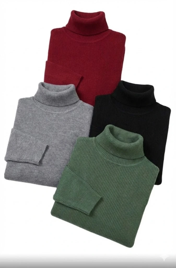 4'lü Siyah, Bordo, Gri, Haki Unisex Kaşkorse Boğazlı Full Likralı Fitilli Body Kazak