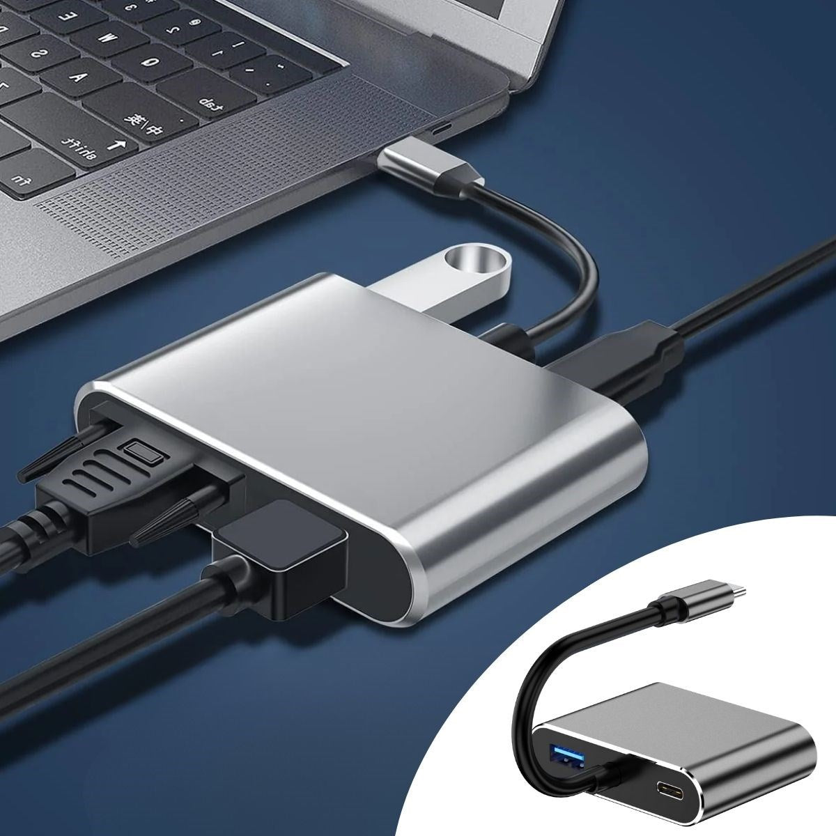 4 ü 1 Arada Type-C to Hub Dönüştürücü Adaptör - 4K Ultra HD HDMI & VGA Görüntü Aktarımı, PD Hızlı Şarj Destekli, USB Çoklayıcı (5347)