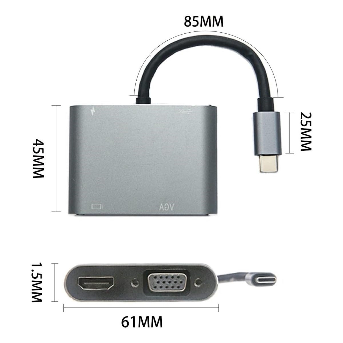 4 ü 1 Arada Type-C to Hub Dönüştürücü Adaptör - 4K Ultra HD HDMI & VGA Görüntü Aktarımı, PD Hızlı Şarj Destekli, USB Çoklayıcı (5347)