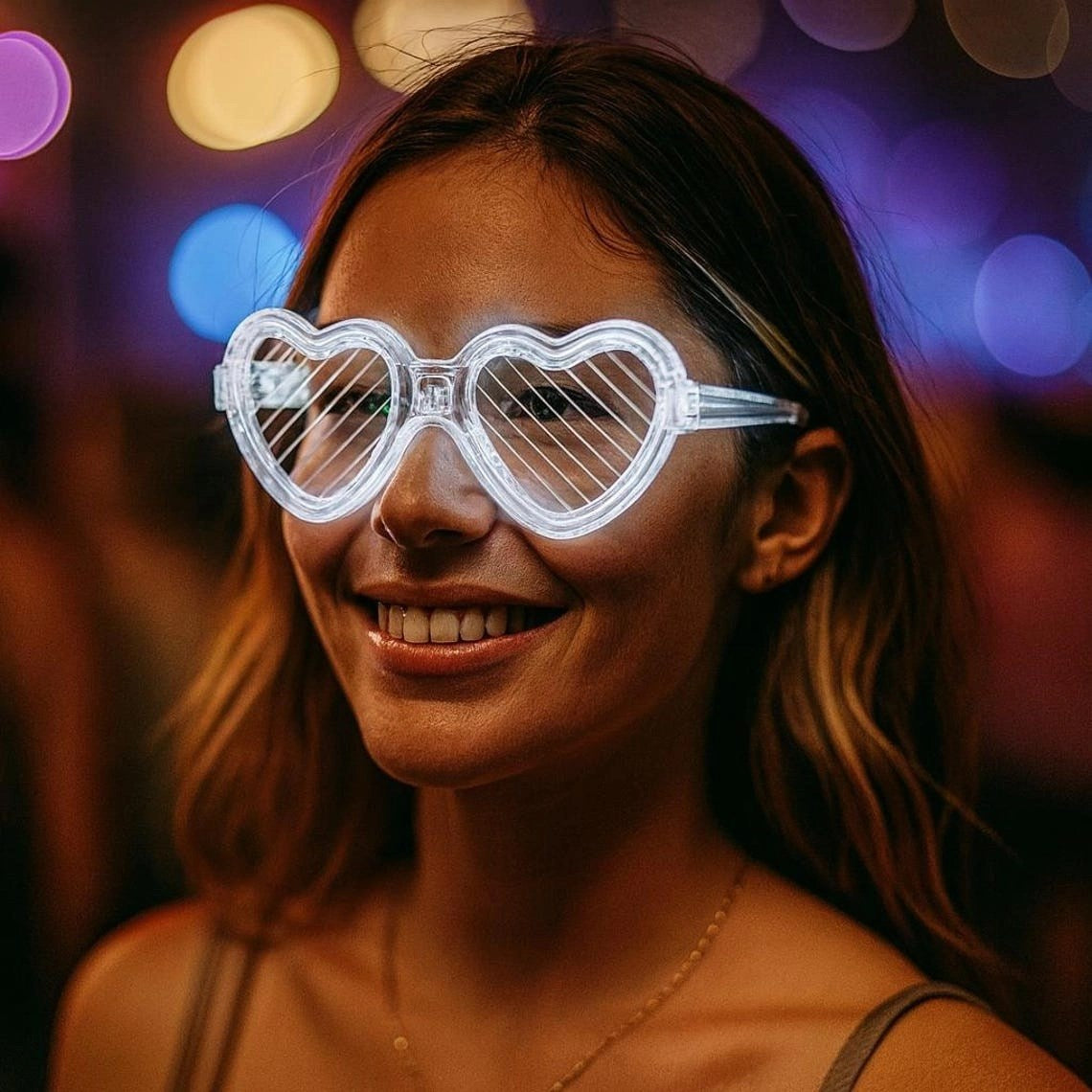 Mey İthalat® Beyaz LED Işıklı Kalp Gözlük - 3 Modlu Parti & Glow Gözlüğü