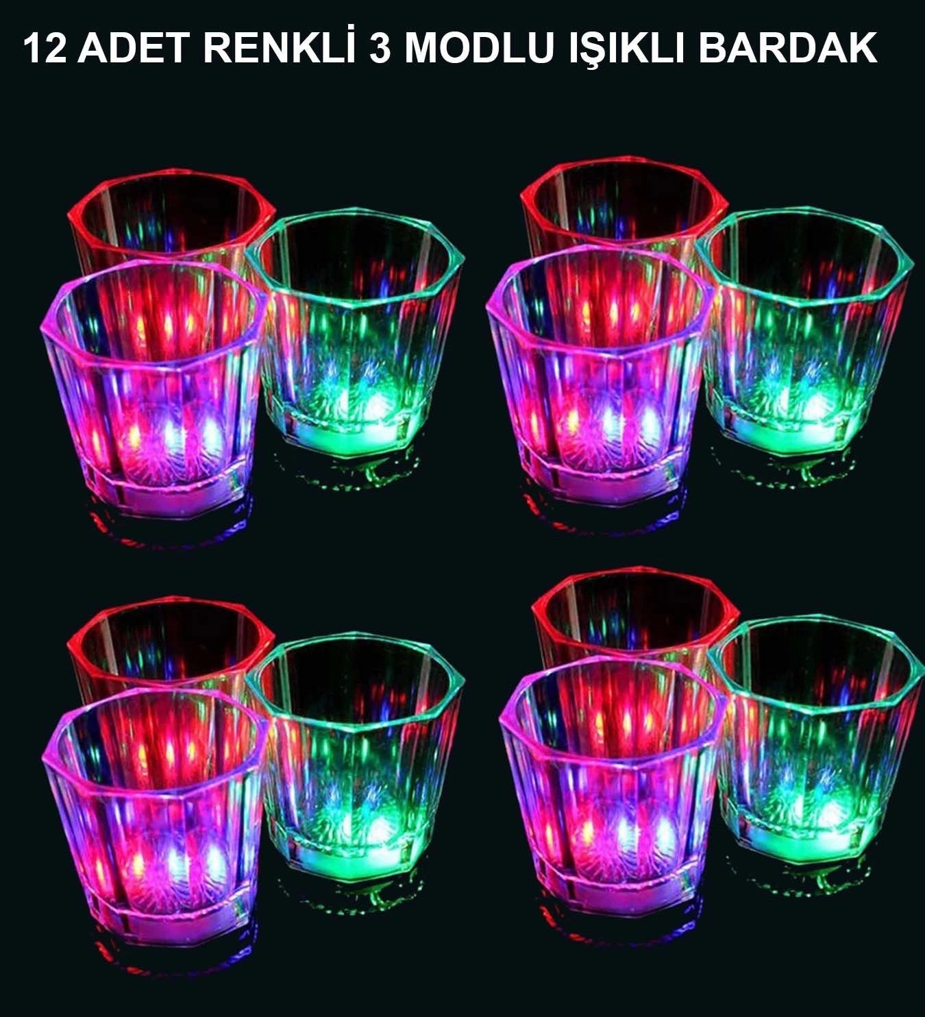 Mey İthalat® LED Işıklı Eğlence Bardakları - 3 Modlu Renk Değiştiren Bardak 12 Adet